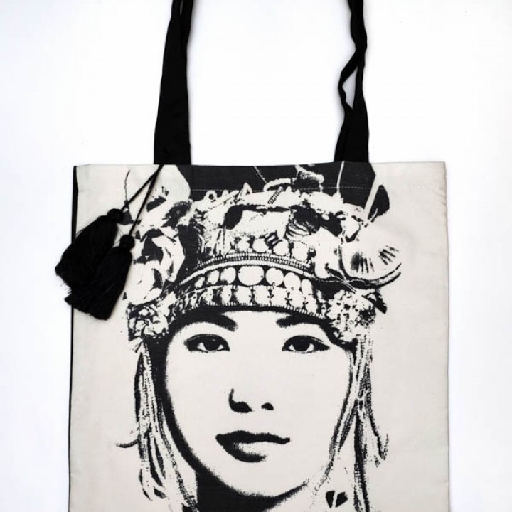 Tote linen bag printed with Vietnamse woman (black&white)-Miss Lao